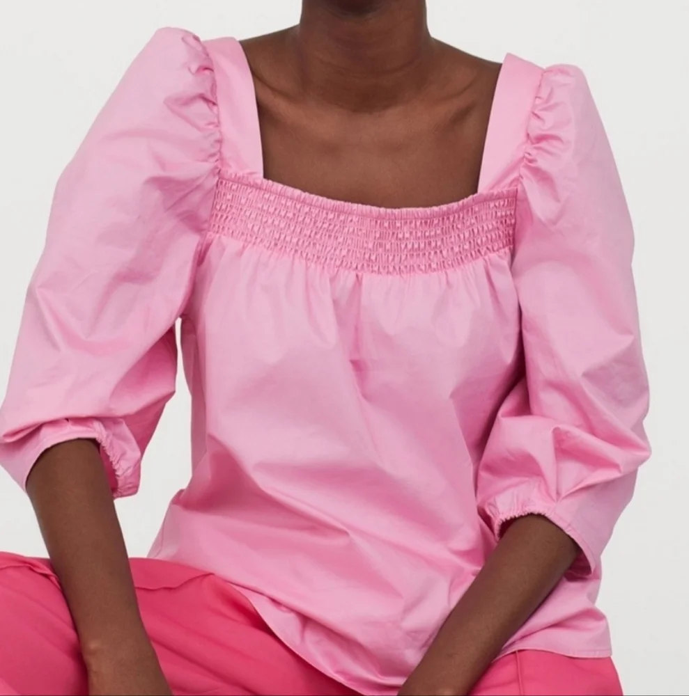 Smocked Peasant Blouse With Puff Sleeves Cotton Pink Small Cottagecore - Picture 2 of 14
